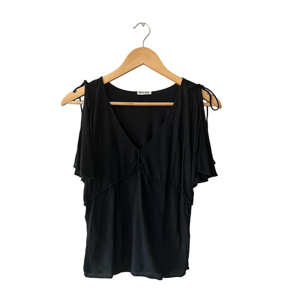 Miu Miu Dark Gray Flutter Sleeve V Neck Top Size Small